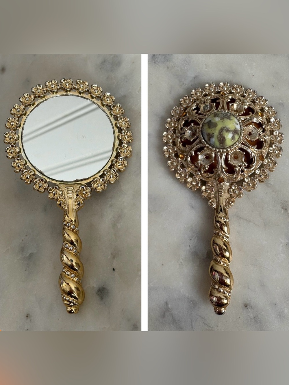 Vintage Small Handheld Ornate Mirror Cosmetic Travel Vacation Gold Tone Metal